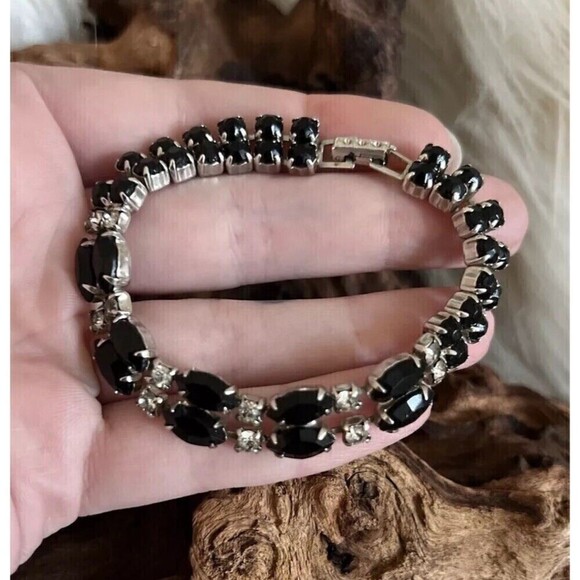 Vintage Kramer Signed Tennis Bracelet 7" Double Row Black Marquise + Rhinestones - Picture 7 of 14
